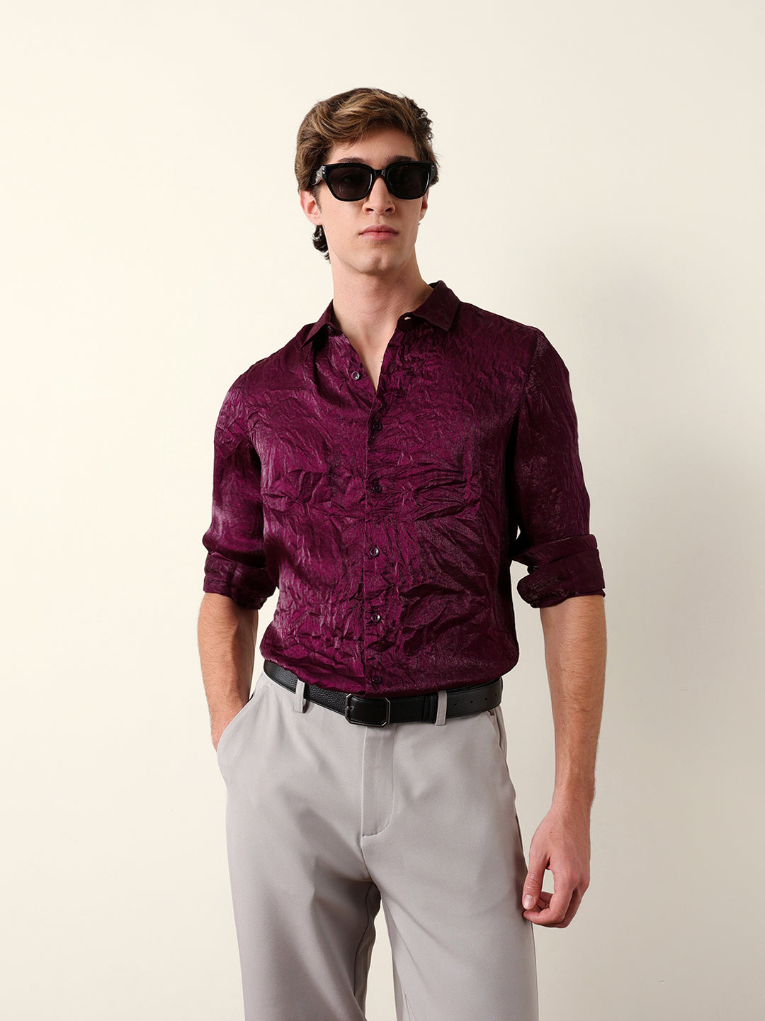 purple regular fit casual shirt with crinkle effect & subtle sheen finish purple regular fit casual shirt with crinkle effect & subtle sheen finish