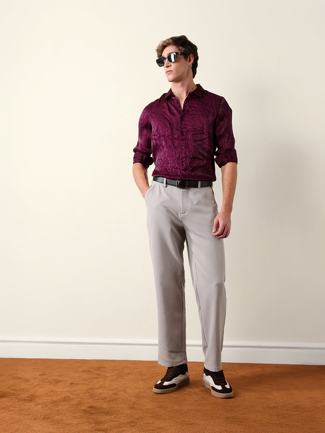 purple regular fit casual shirt with crinkle effect & subtle sheen finish purple regular fit casual shirt with crinkle effect & subtle sheen finish