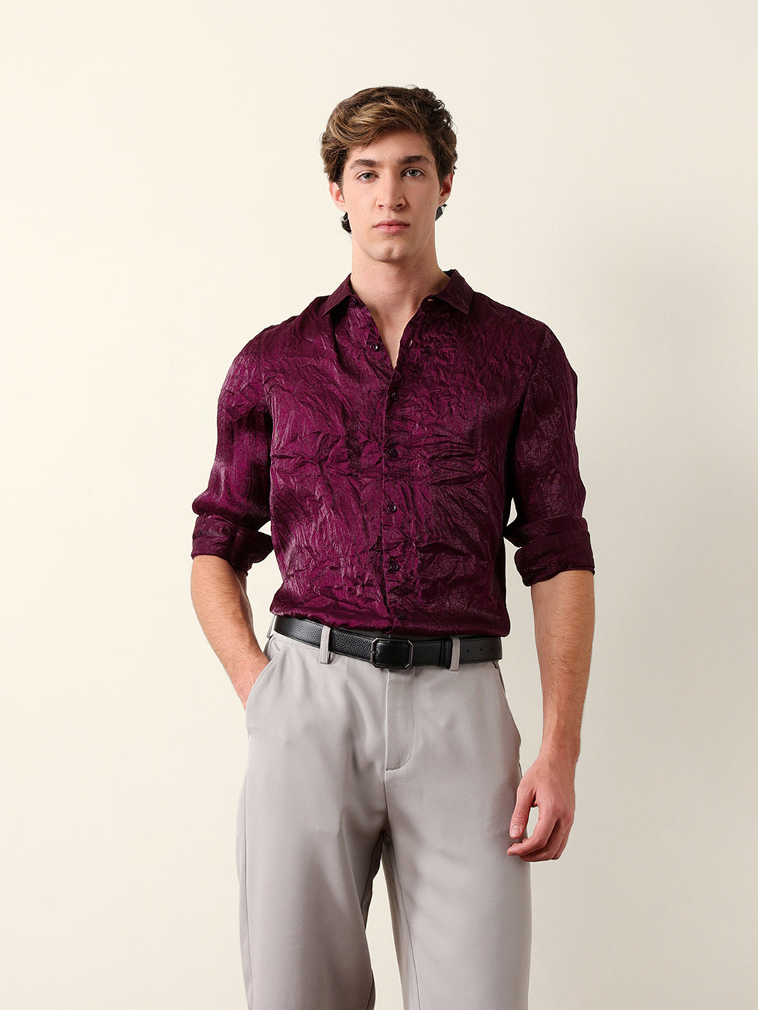 purple regular fit casual shirt with crinkle effect & subtle sheen finish purple regular fit casual shirt with crinkle effect & subtle sheen finish