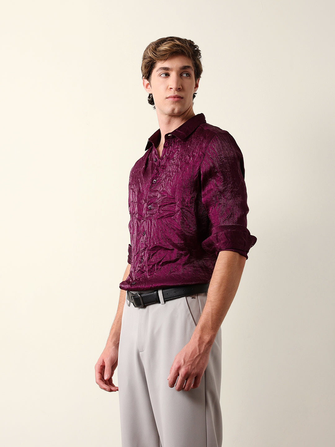 purple regular fit casual shirt with crinkle effect & subtle sheen finish purple regular fit casual shirt with crinkle effect & subtle sheen finish