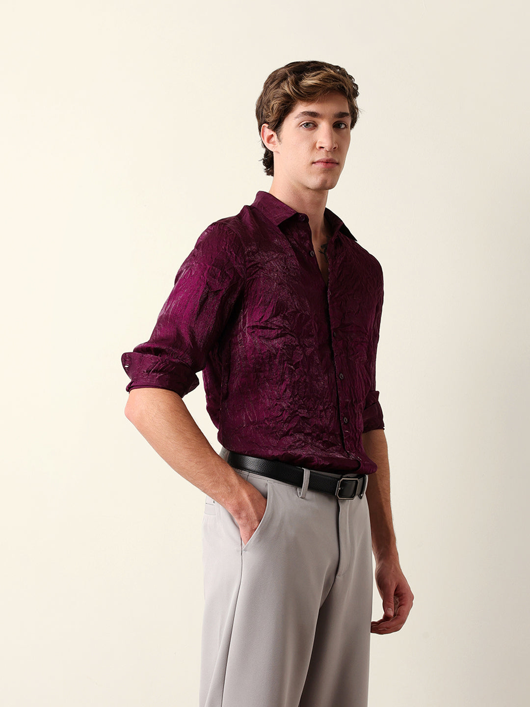 purple regular fit casual shirt with crinkle effect & subtle sheen finish purple regular fit casual shirt with crinkle effect & subtle sheen finish