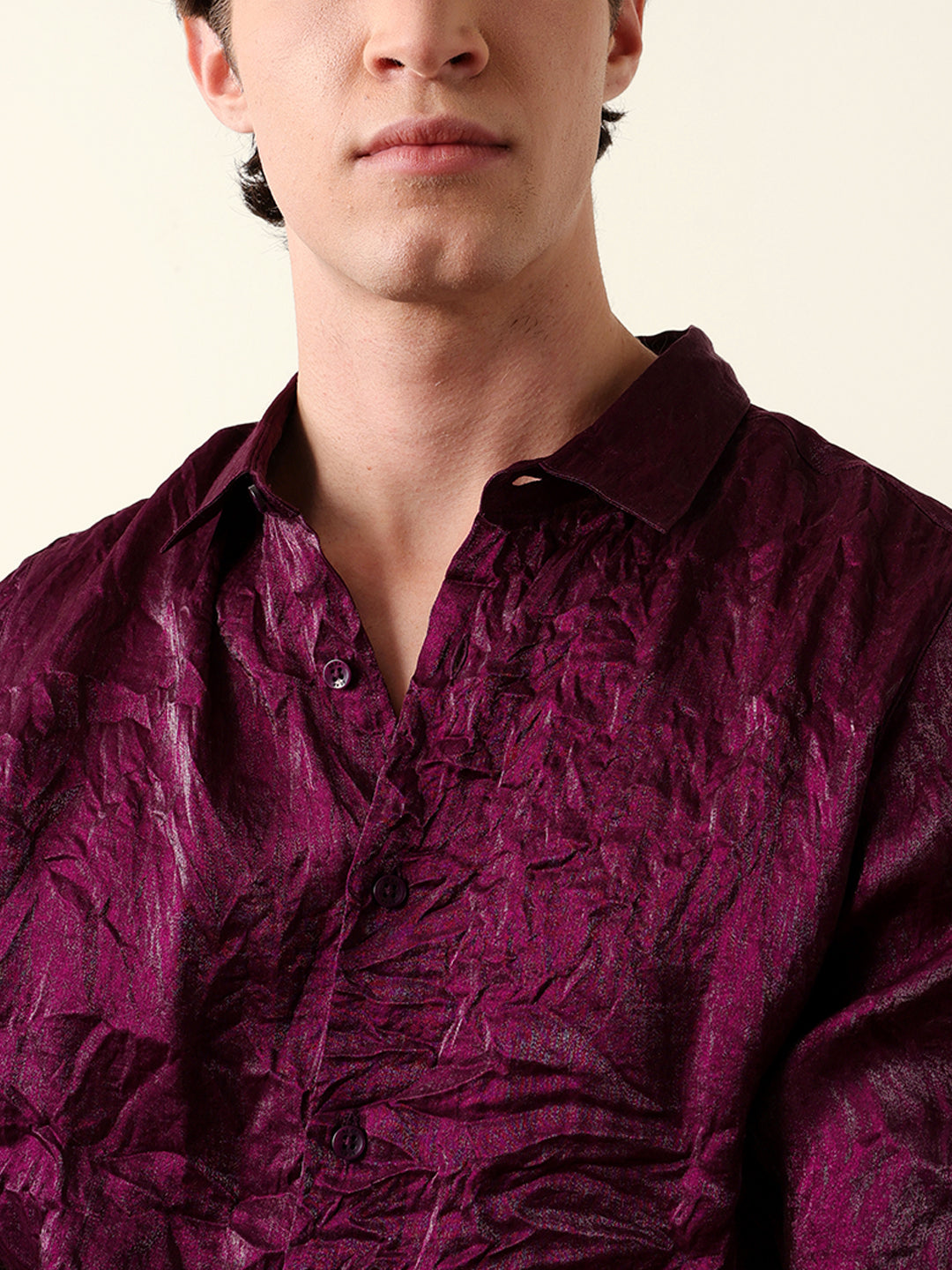 purple regular fit casual shirt with crinkle effect & subtle sheen finish purple regular fit casual shirt with crinkle effect & subtle sheen finish