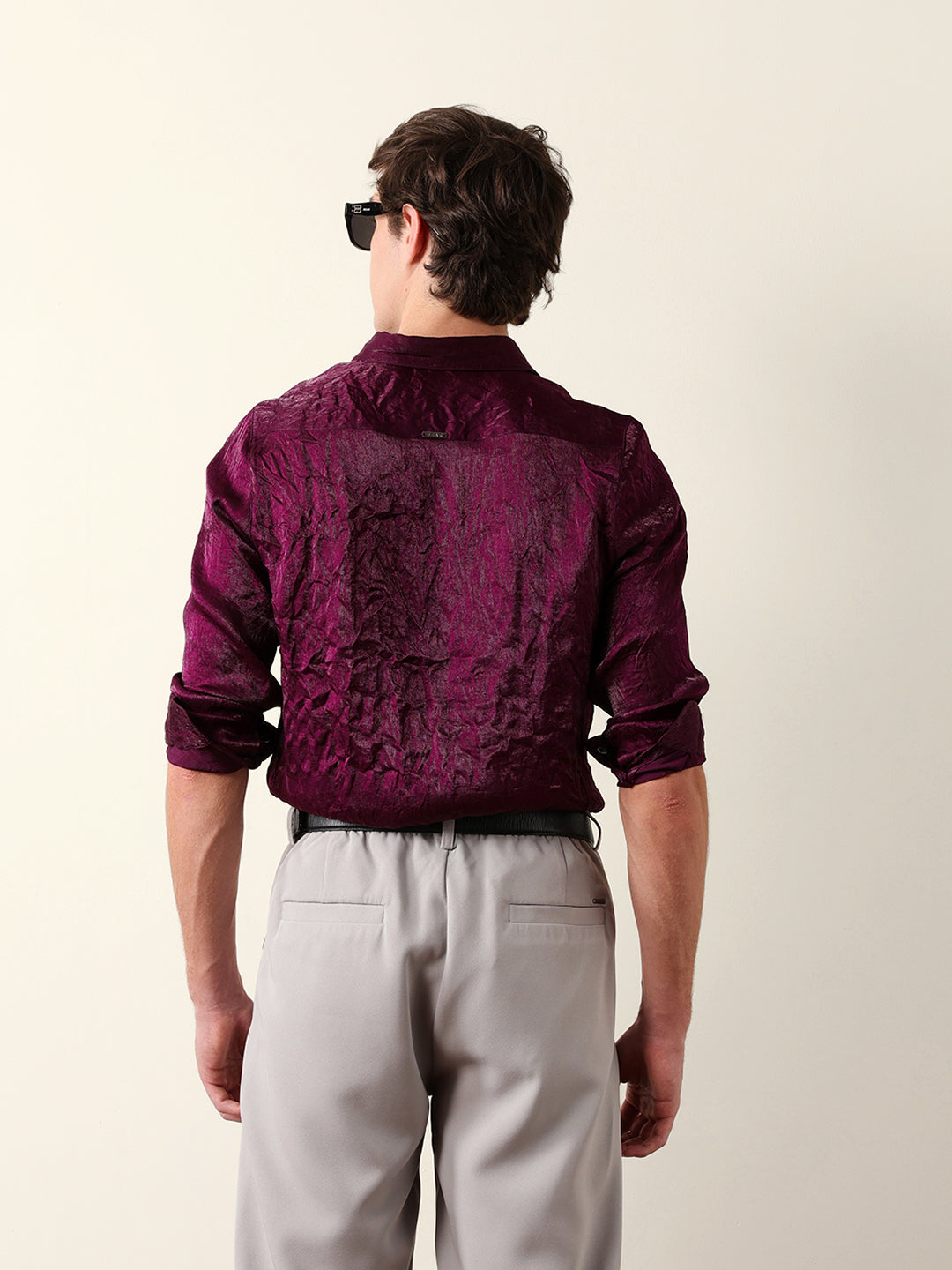 purple regular fit casual shirt with crinkle effect & subtle sheen finish purple regular fit casual shirt with crinkle effect & subtle sheen finish