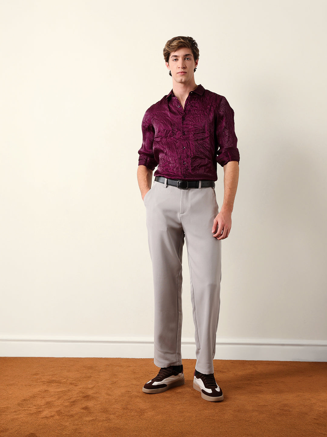 purple regular fit casual shirt with crinkle effect & subtle sheen finish purple regular fit casual shirt with crinkle effect & subtle sheen finish