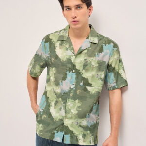 green abstract camouflage print oversized fit half sleeve shirt
