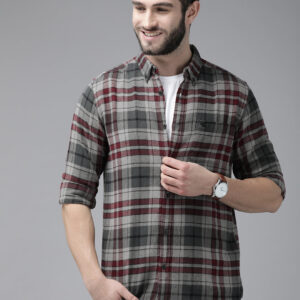 men grey checked slim fit cotton casual shirt