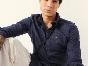 blue slim fit casual shirt with vertical pine stripes