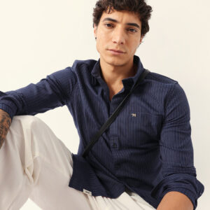 blue slim fit casual shirt with vertical pine stripes