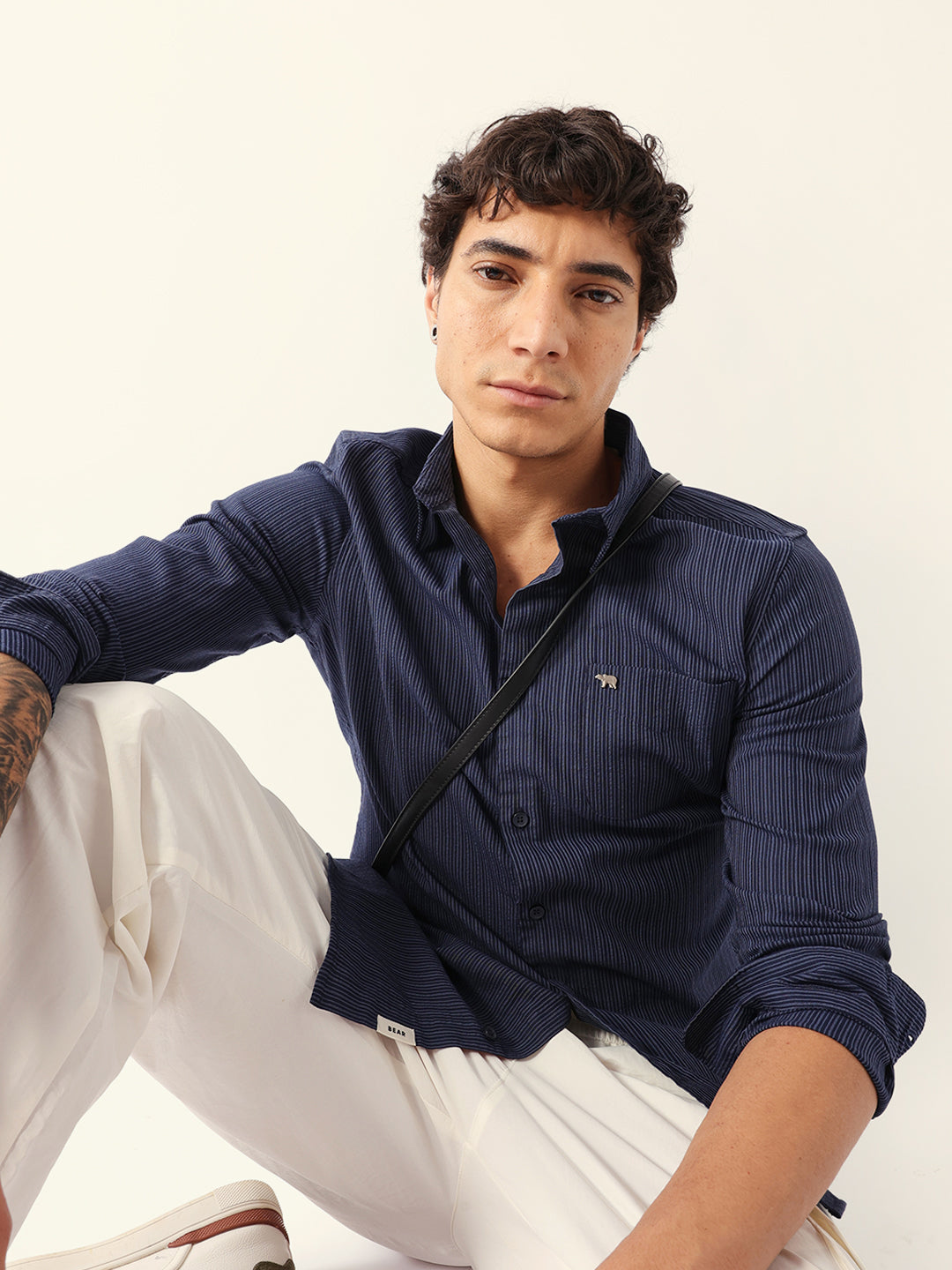 blue slim fit casual shirt with vertical pine stripes blue slim fit casual shirt with vertical pine stripes