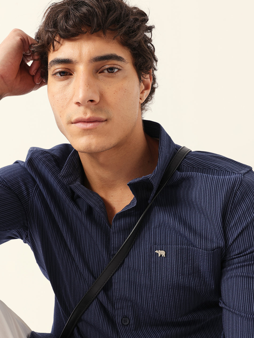 blue slim fit casual shirt with vertical pine stripes blue slim fit casual shirt with vertical pine stripes