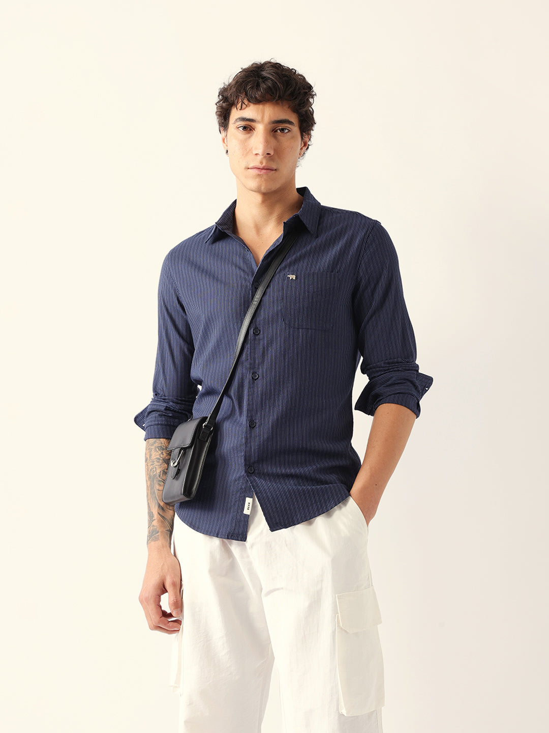 blue slim fit casual shirt with vertical pine stripes blue slim fit casual shirt with vertical pine stripes