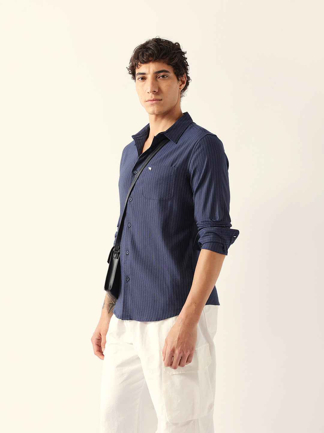blue slim fit casual shirt with vertical pine stripes blue slim fit casual shirt with vertical pine stripes
