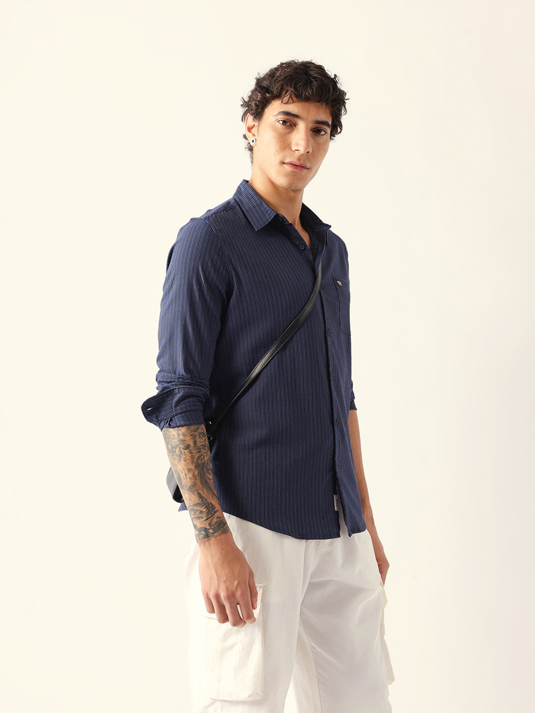 blue slim fit casual shirt with vertical pine stripes blue slim fit casual shirt with vertical pine stripes
