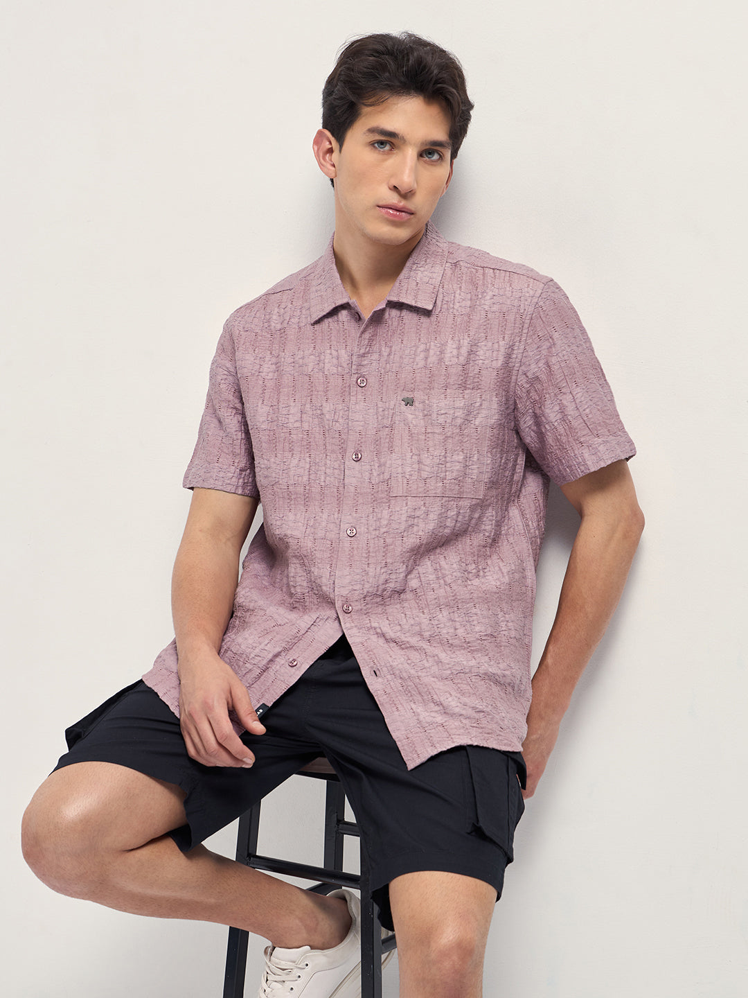 pink crinkle textured regular fit half sleeve casual shirt pink crinkle textured regular fit half sleeve casual shirt