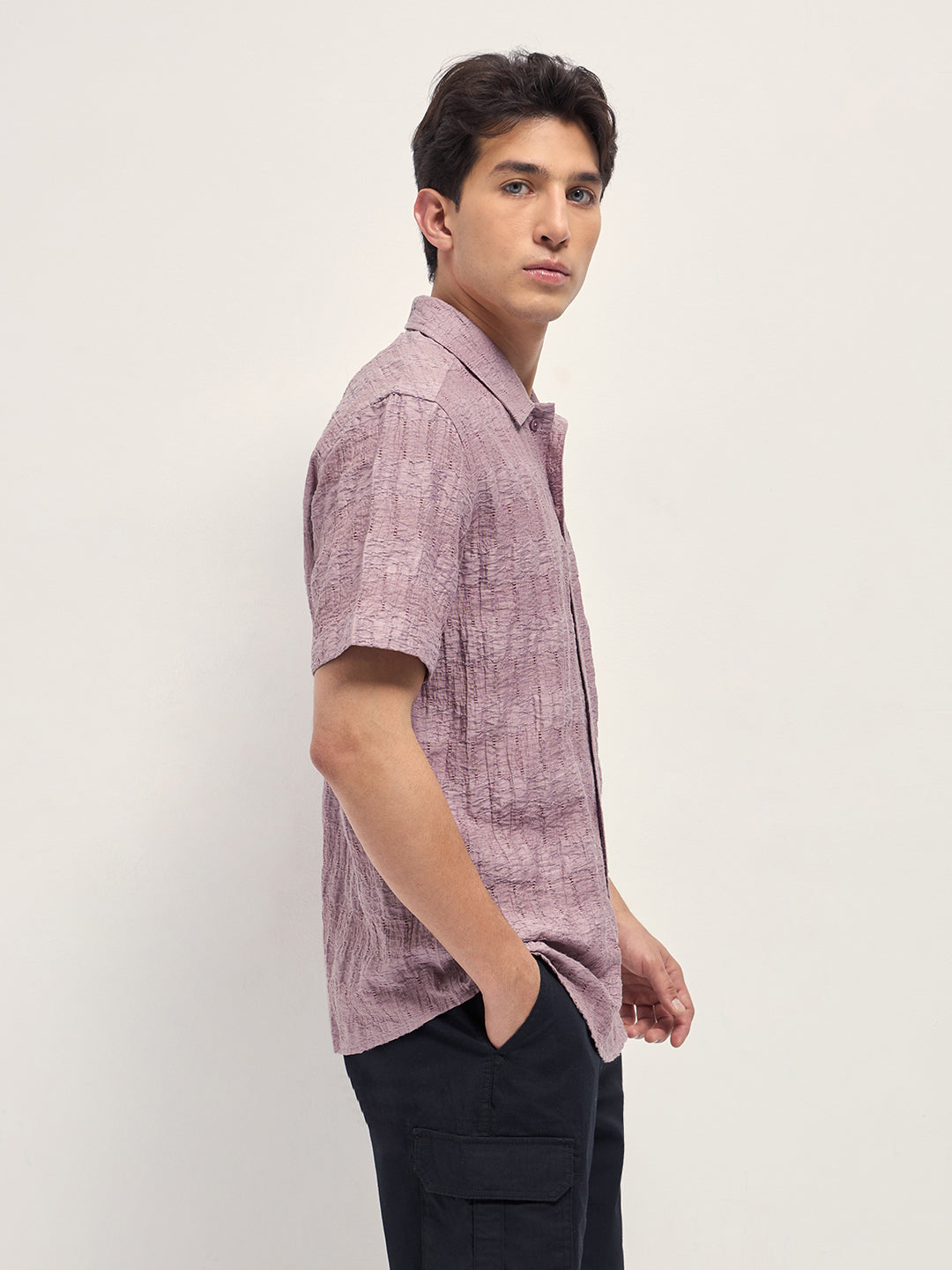 pink crinkle textured regular fit half sleeve casual shirt pink crinkle textured regular fit half sleeve casual shirt