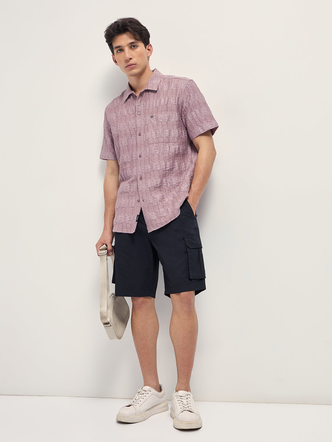pink crinkle textured regular fit half sleeve casual shirt pink crinkle textured regular fit half sleeve casual shirt