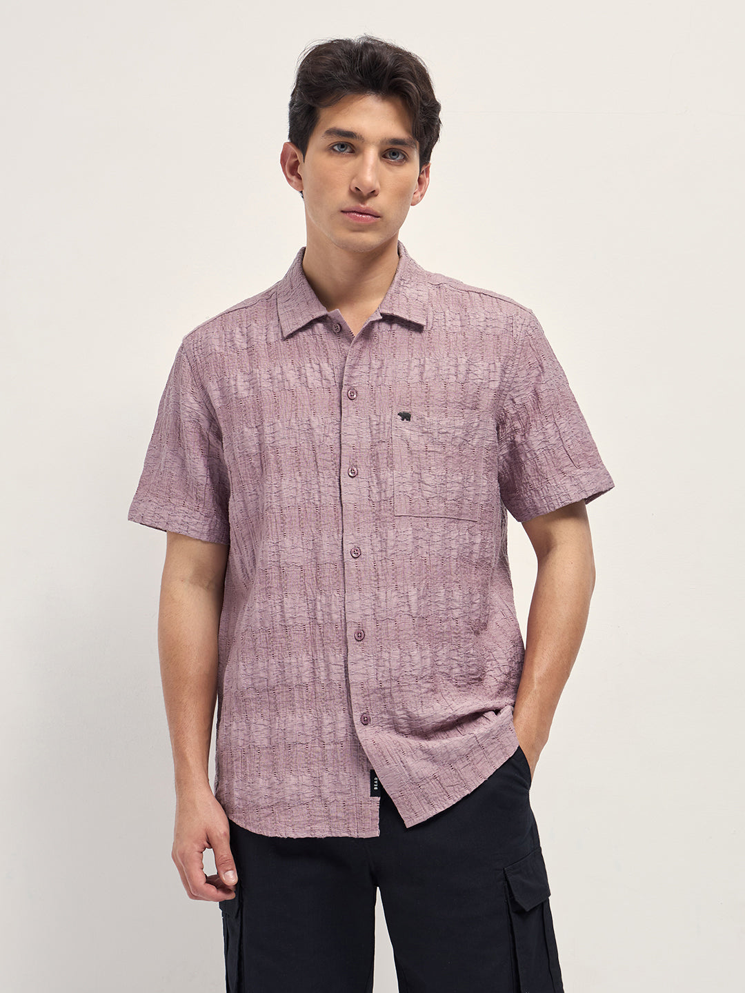 pink crinkle textured regular fit half sleeve casual shirt pink crinkle textured regular fit half sleeve casual shirt
