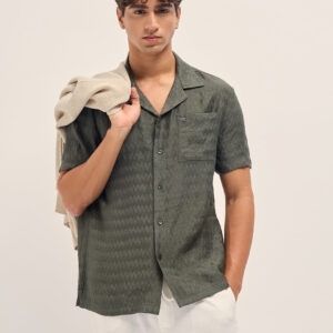 olive zigzag textured weave relaxed fit half sleeve casual shirt