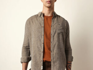 brown textured woven striped slim fit casual shirt