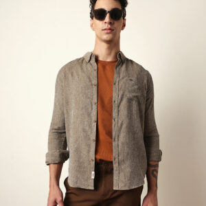 brown textured woven striped slim fit casual shirt
