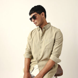green vertical striped slim fit casual shirt with textured stitch detailing