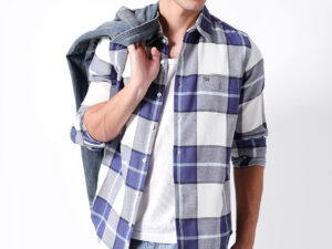 blue & white woven check slim fit casual shirt
