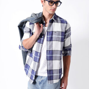 blue & white woven check slim fit casual shirt