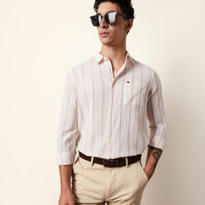 off white with pink vertical textured stripe regular fit casual shirt