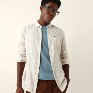cream woven vertical striped slim fit casual shirt