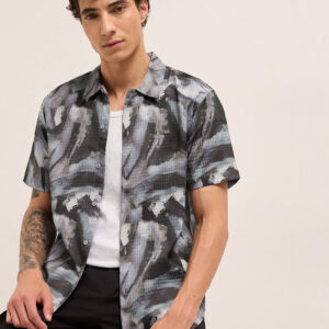 grey textured check abstract digital print relaxed fit casual shirt