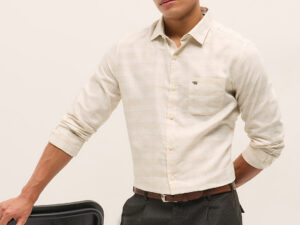 beige woven checked design tailored fit formal shirt
