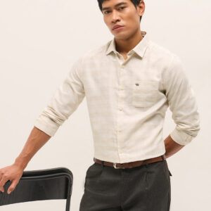 beige woven checked design tailored fit formal shirt