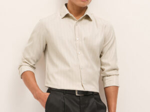beige woven stripe pattern tailored fit formal shirt