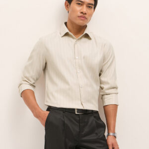 beige woven stripe pattern tailored fit formal shirt