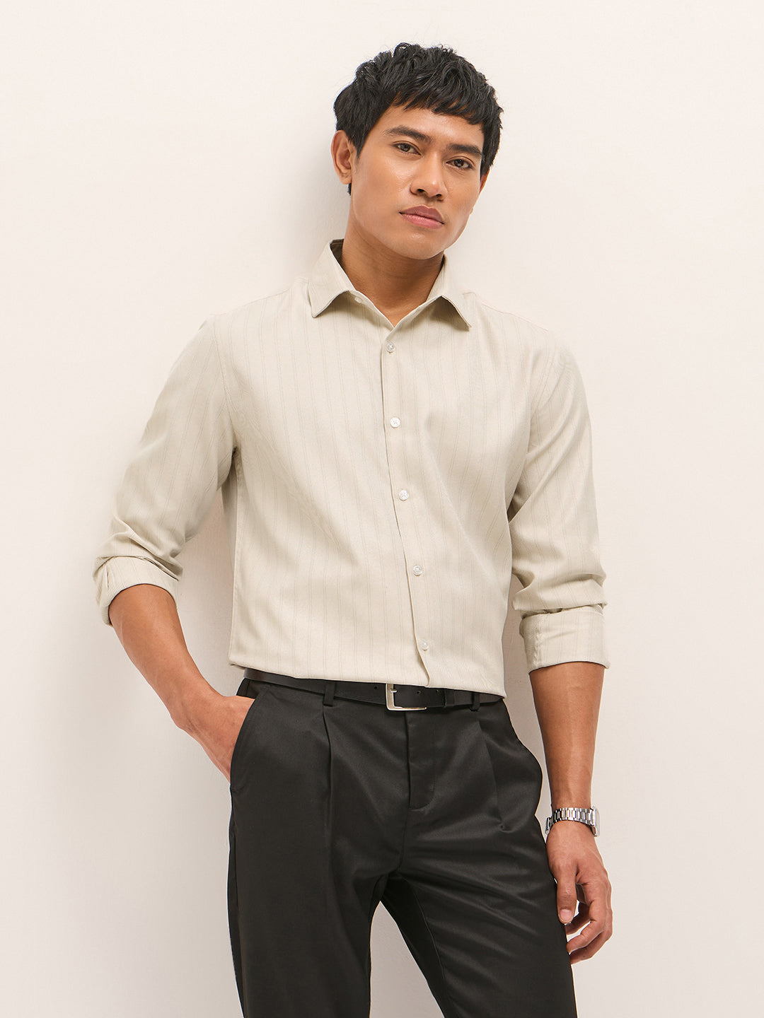 beige woven stripe pattern tailored fit formal shirt beige woven stripe pattern tailored fit formal shirt