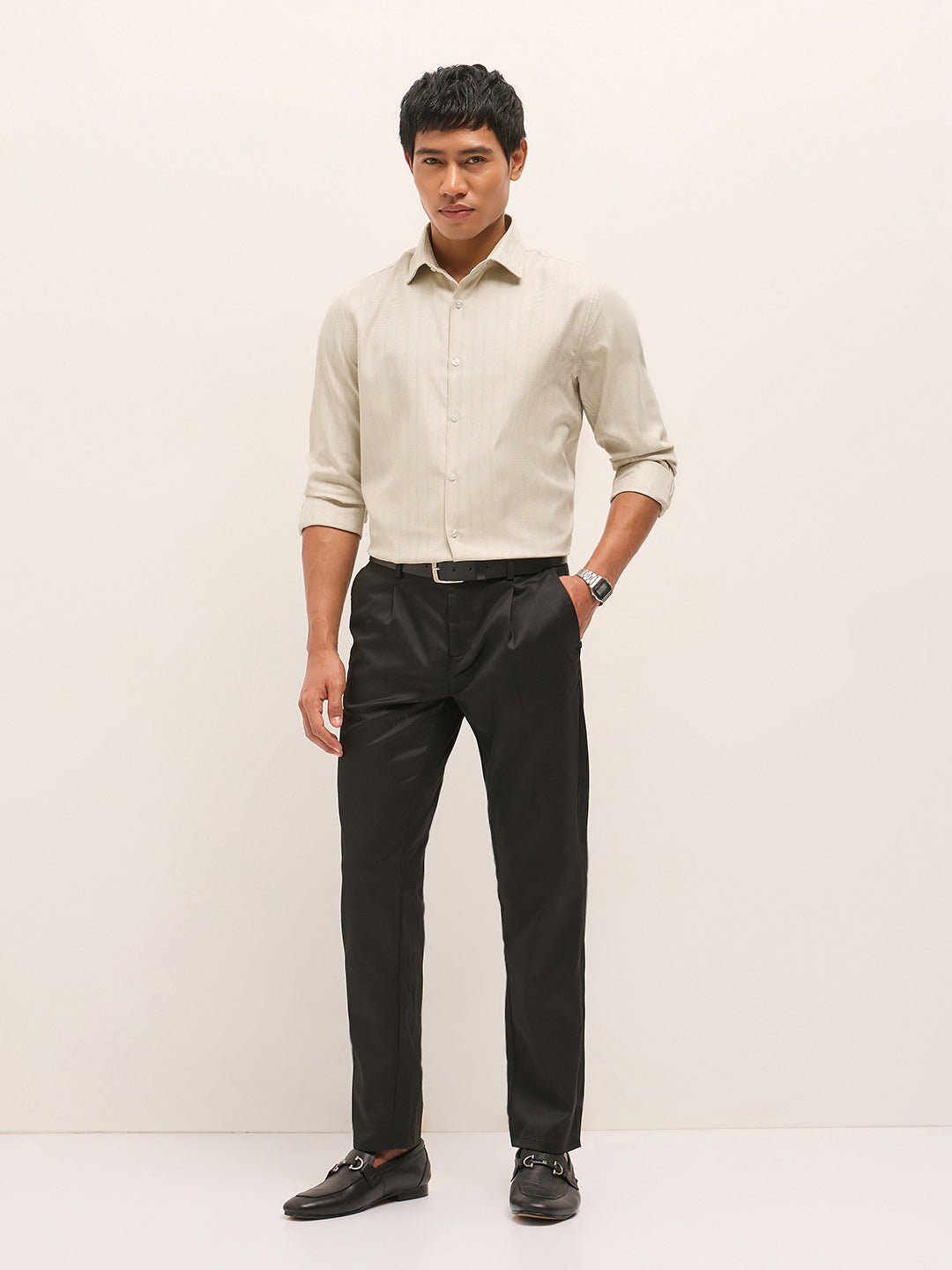 beige woven stripe pattern tailored fit formal shirt beige woven stripe pattern tailored fit formal shirt