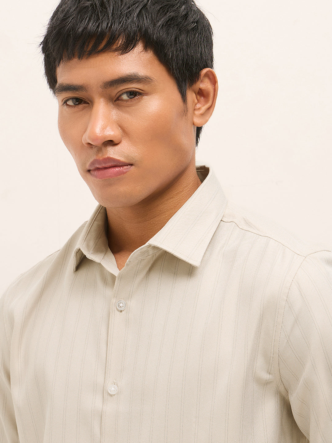 beige woven stripe pattern tailored fit formal shirt beige woven stripe pattern tailored fit formal shirt