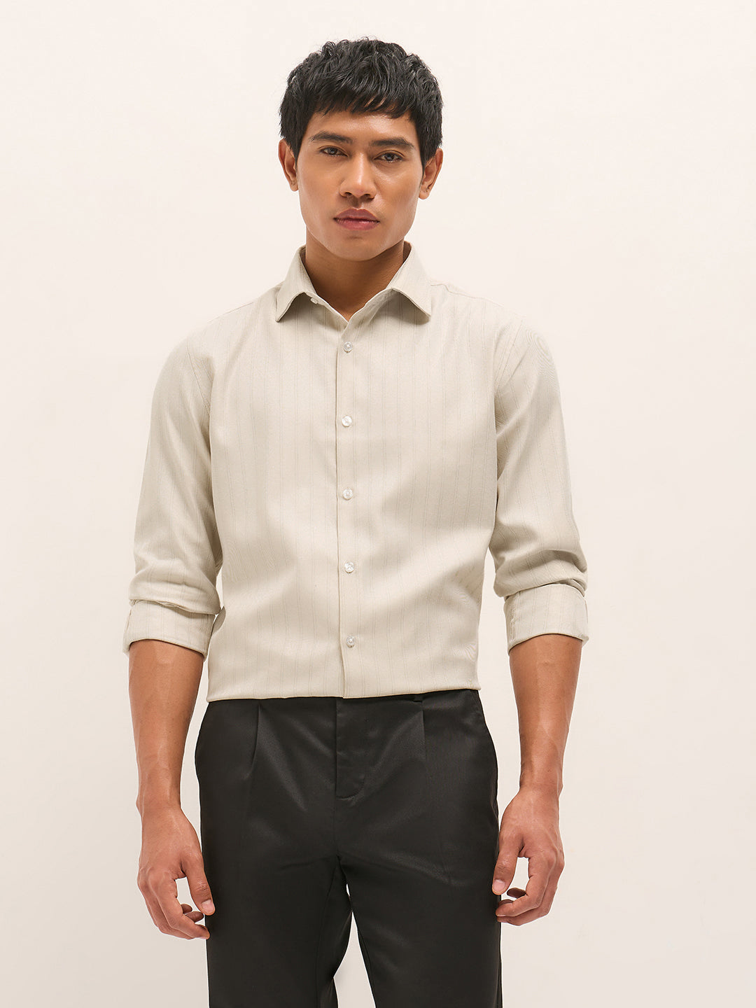 beige woven stripe pattern tailored fit formal shirt beige woven stripe pattern tailored fit formal shirt