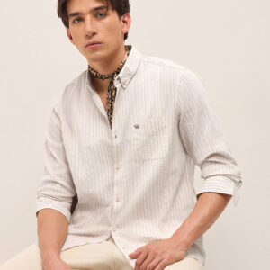 pink slim fit casual shirt with woven vertical textured stripes