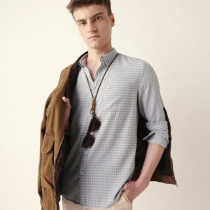 grey & light blue woven micro checked slim fit casual shirt