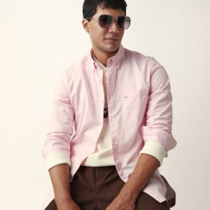 pink solid slim fit casual shirt with button down collar