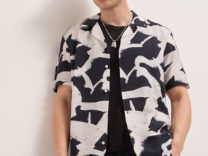 black abstract brushstroke print relaxed fit cuban collar casual shirt