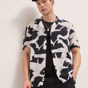black abstract brushstroke print relaxed fit cuban collar casual shirt