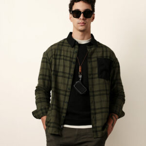olive checked relaxed fit overshirt with solid back