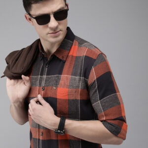 men orange & navy blue buffalo checked slim fit pure cotton casual shirt