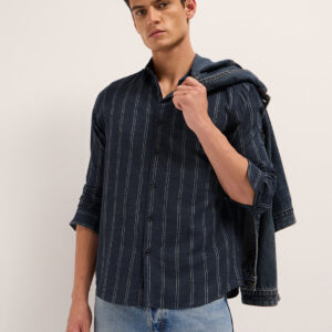 dark blue vertical stripes slim fit casual shirt