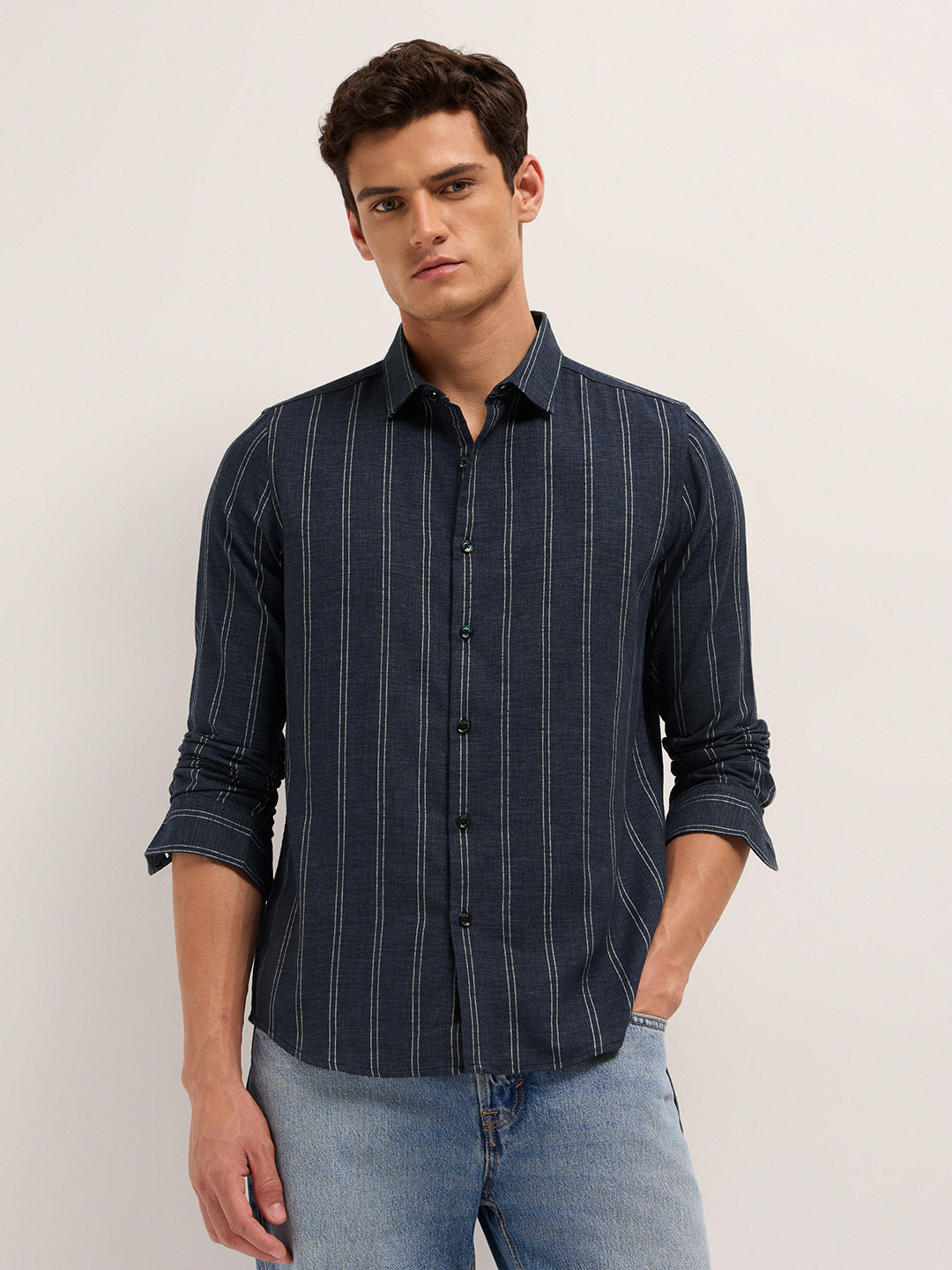 dark blue vertical stripes slim fit casual shirt dark blue vertical stripes slim fit casual shirt