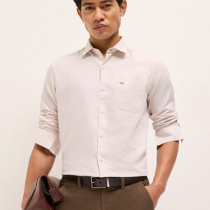 light pink woven cotton blend tailored fit formal shirt
