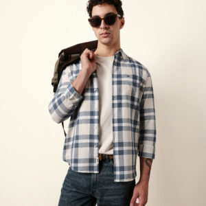 off white blue pink woven tartan checked slim fit casual shirt