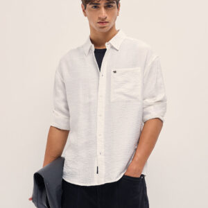 white crinkled stripe textured relaxed fit long sleeve shirt